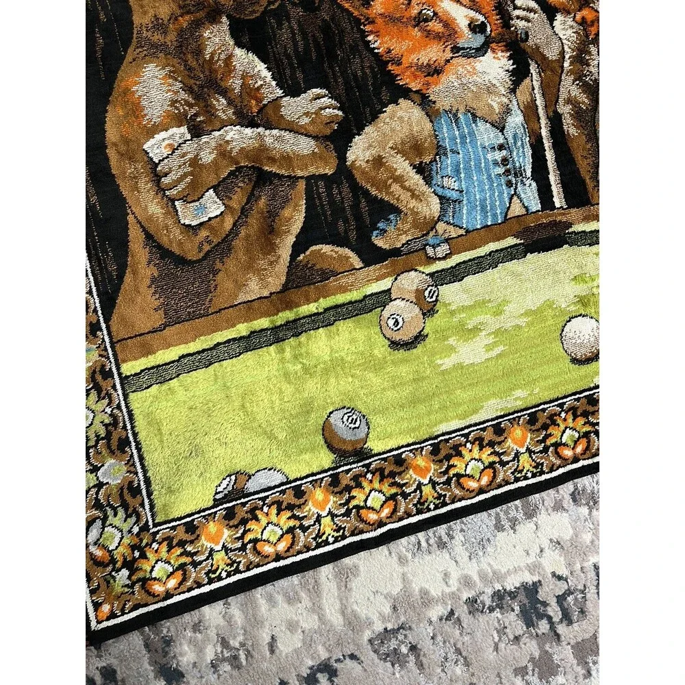 Vtg P&C Wall Tapestry Dog Pool Billiard Man Cave Made In Italy Bar Decor 38x56